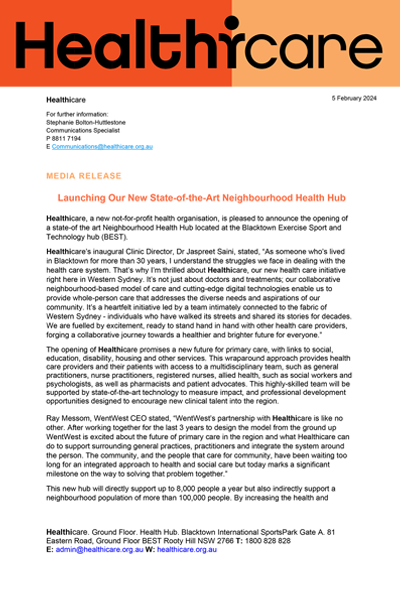 Healthicare launch media release